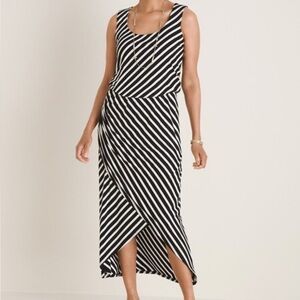 Chico’s Scoop-Neck Striped Midi Dress Size 8/10 Black kWhite Stretchy Casual